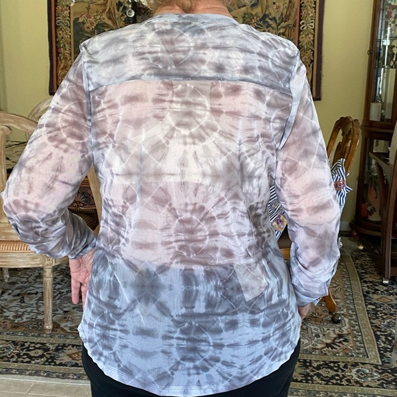 Inc. Gray Silver Glitz Button Blouse Mesh Sheer. - Picture 2 of 7